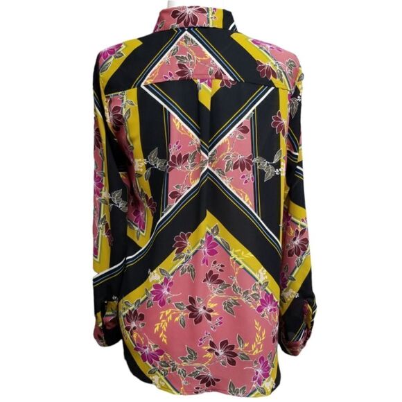 APT.9 Blouse Button Front Abstract Floral Pattern Rolltab Sleeves Medium - Picture 2 of 10